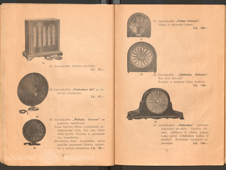 Radijo imtuvų dalys. Garsiakalbiai. Iliustruotas radio-katalogas / H. Gladšteinas. – Kaunas: [H. Gladšteinas], [1929], p. 18-19.