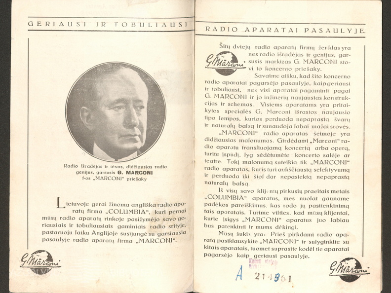 Radio aparatų „Marconi“ 1934 metams katalogas. – Kaunas: generalinis atstovas Lietuvai J. Sakalauskas, [1934].