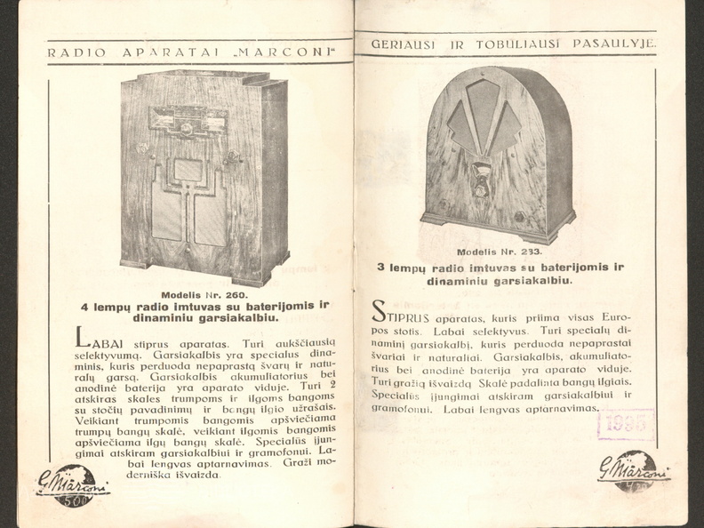 Radio aparatų „Marconi“ 1934 metams katalogas. – Kaunas: generalinis atstovas Lietuvai J. Sakalauskas, [1934].