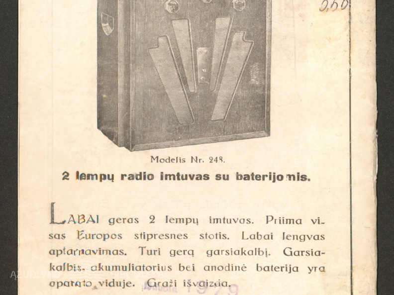 Radio aparatų „Marconi“ 1934 metams katalogas. – Kaunas: generalinis atstovas Lietuvai J. Sakalauskas, [1934].