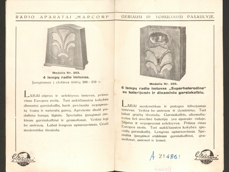 Radio aparatų „Marconi“ 1934 metams katalogas. – Kaunas: generalinis atstovas Lietuvai J. Sakalauskas, [1934].