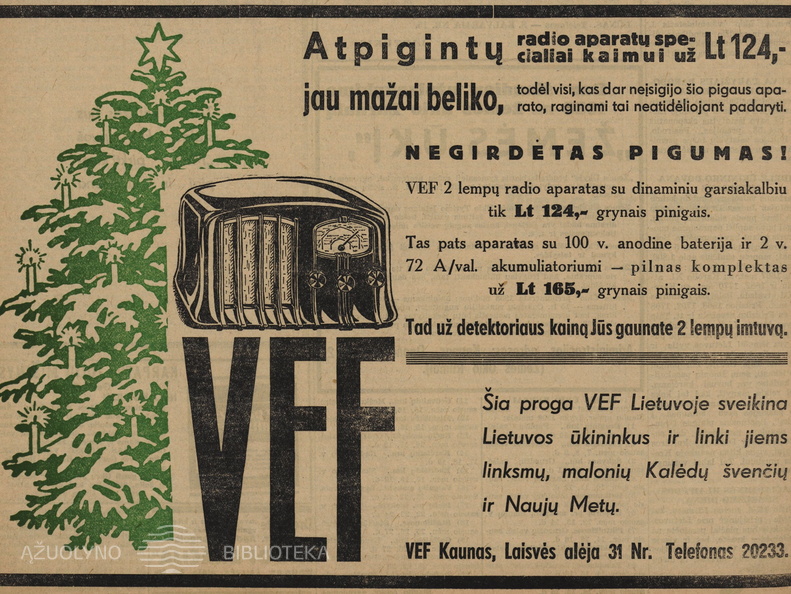 „VEF Lietuvoje sveikina Lietuvos ūkininkus...“ Ūkininko patarėjas.-1937, nr. 51, p. 22.